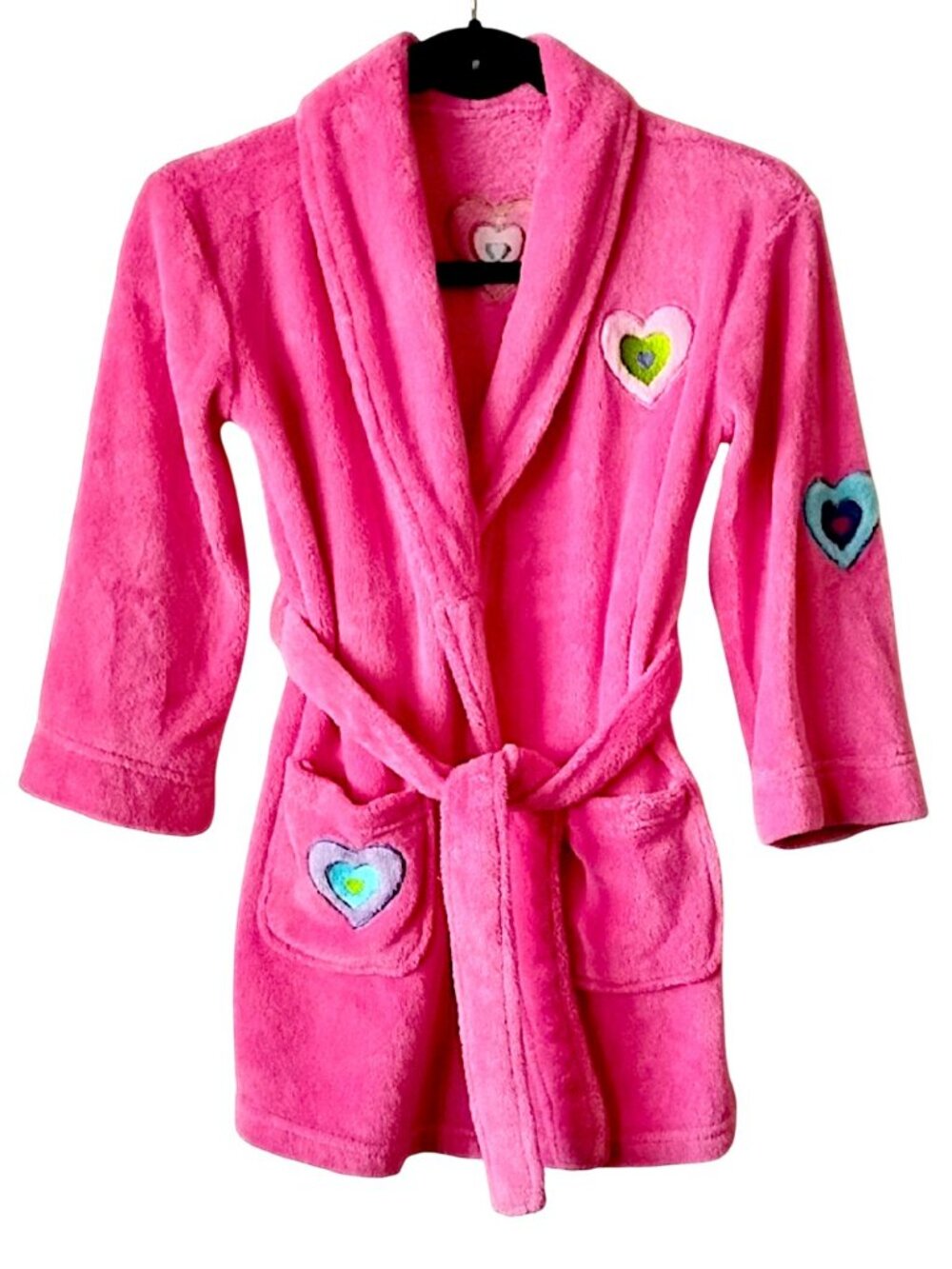 Girl's Pink Belted Fuzzy Robe L Heart Appliques